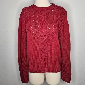 VTG Jennifer Reed Hand Knit Silk Blend Red‎ Cable Sweater Cottagecore Cardigan L